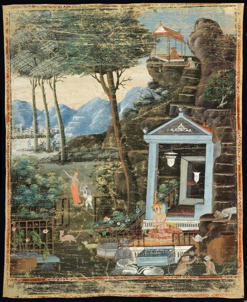 Jujaka asks the hermit Acchuta where Vessantara is staying, a scene from the next-to-last life of the Buddha (Vessantara Jataka)