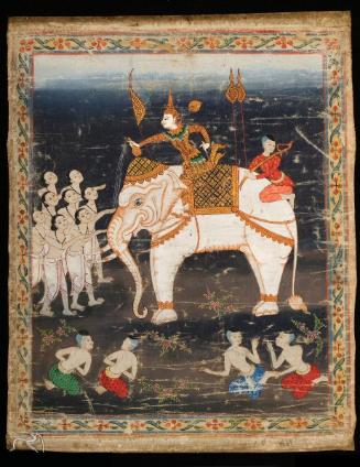 Prince Vessantara gives away the elephant, a scene from the next-to-last life of the Buddha (Vessantara Jataka)