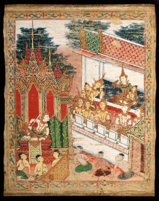 Vessantara and his wife meet with her father, a scene from the next-to-last life of the Buddha (Vessantara Jataka)