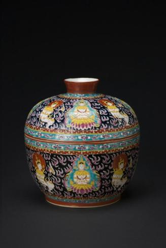 Lidded jar with mythological figures