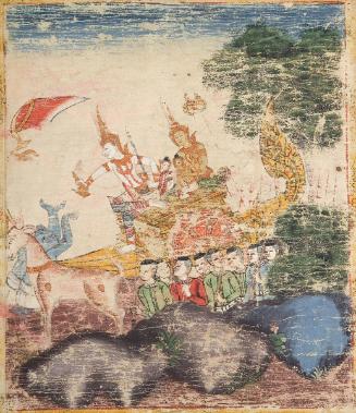 Vessantara gives away the chariot, a scene from the next-to-last life of the Buddha (Vessantara Jataka)