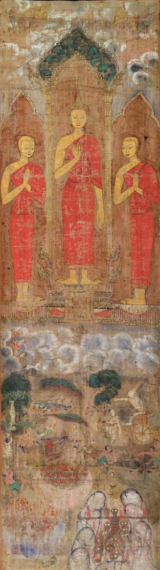 Standing Buddha flanked by two disciples; scene from a previous life of the Buddha: Nimi visits hell