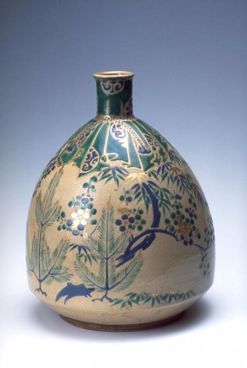 Sake bottle with pine, broadleaf bamboo, and plum