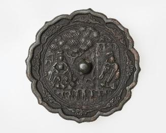 Eight-lobed foliate mirror with scene of figures in landscape